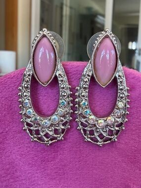 Silver-Tone Filigree Drop Earrings with Pink Cabochons and AB Crystals
